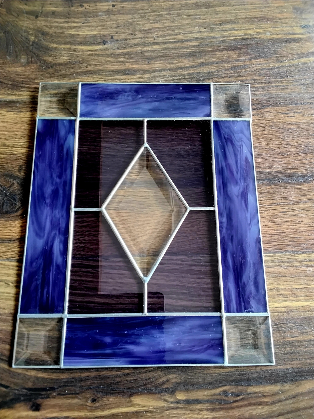 Clear Beveled & Purple Stained Glass Sun Catcher. 8" X 10" - Picture 3 of 6